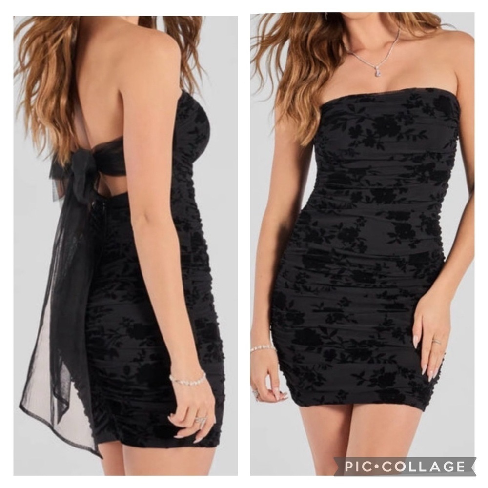 Windsor Flocked Velvet Black Back Bow Strapless Dress